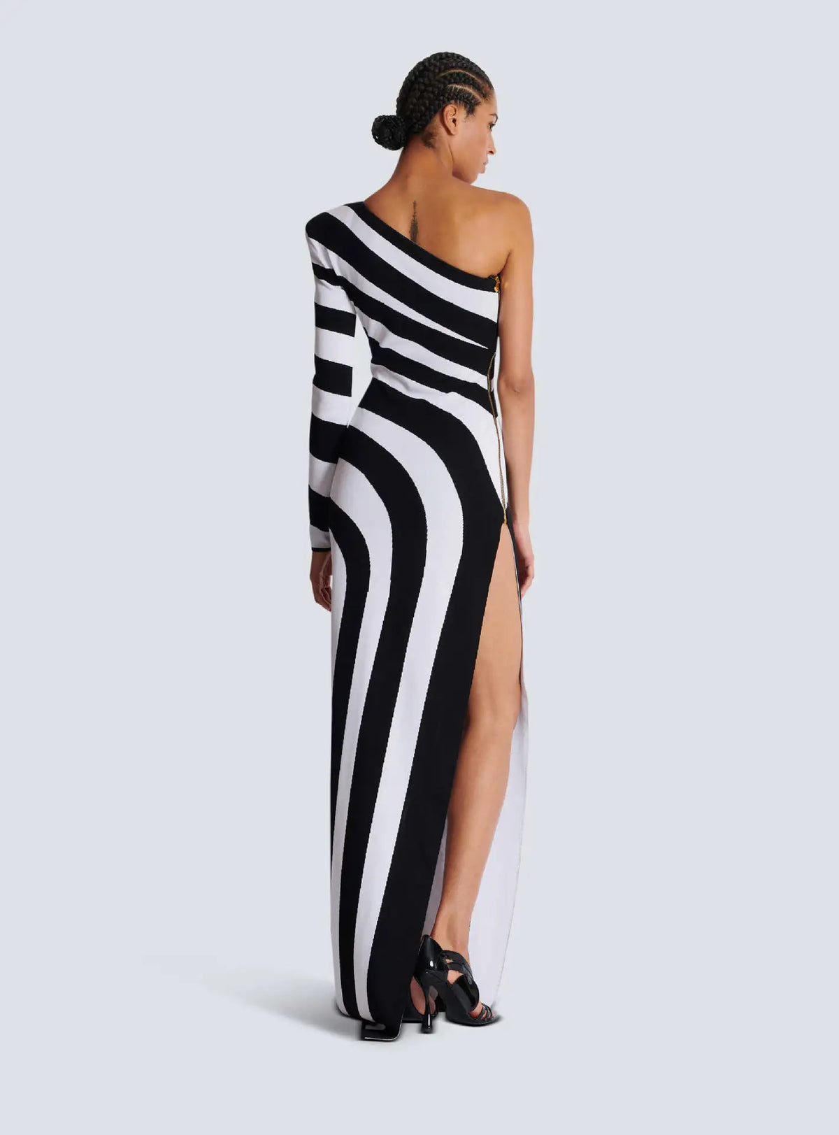 black and white one shoulder maxi dress Crevlia one shoulder striped maxi dress